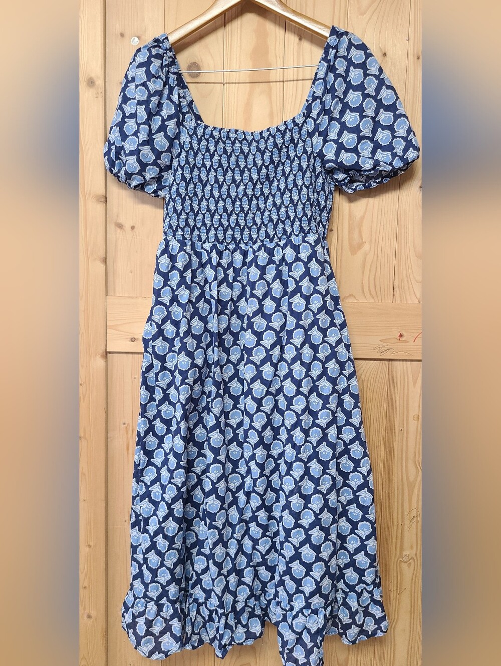 J. Crew Navy and Light Blue Floral Smocked Midi Dress - Picture 2 of 9